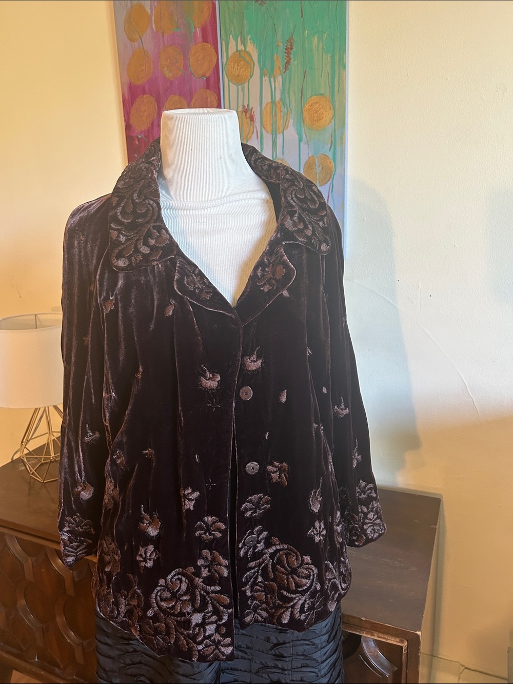 Tahari Dark Brown Velvet Embroidered Button-Down Shirt Jacket